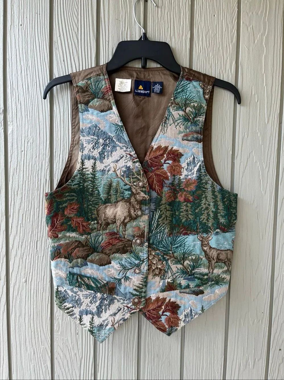 VTG Liz Sport Tapestry Deer Elk Vest Woodland Cabin Grandmacore 80s 90s